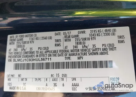 2017 Lincoln Mkc Premiere z USA, uszkodzony, nr VIN 5LMCJ1C93HUL56711